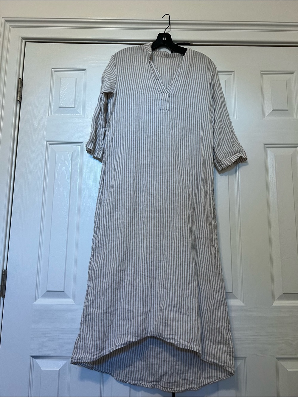Len Okay Striped 100% Linen Long Dress in Taupe size XS 3/4 sleeve